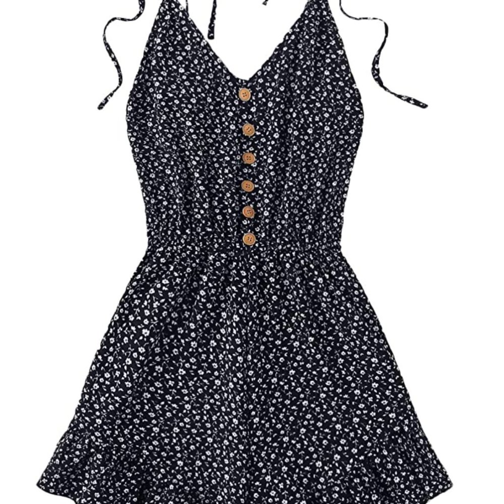 Navy floral romper with tie straps